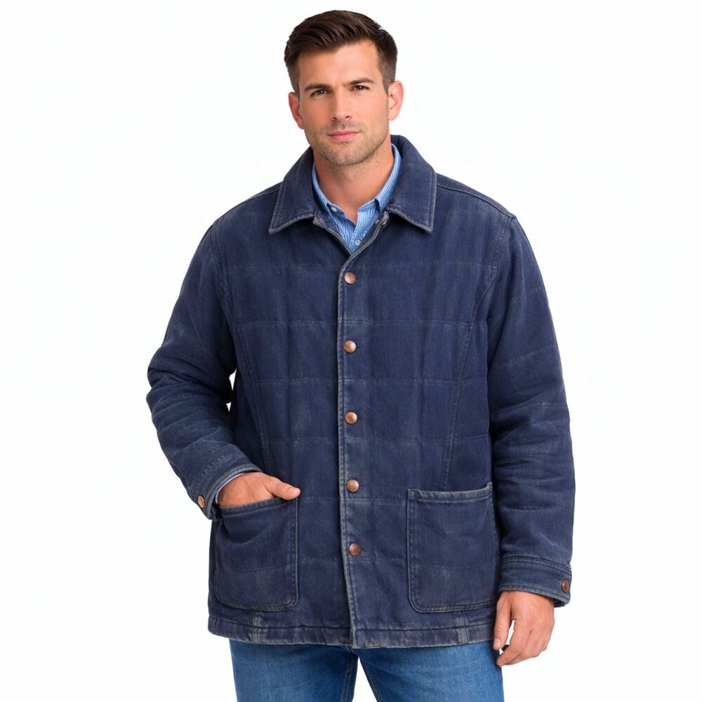 Hickey Freeman Barn Coat Mens Size L Quilted Navy Plaid Lined Chore Work Jacket